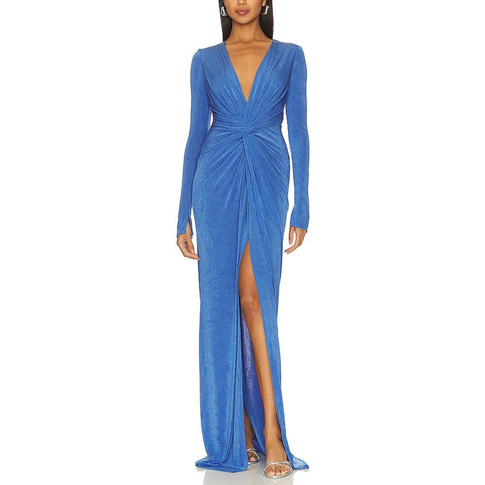 Katie May Royal Blue Long Sleeve Twist Front Gown with Thigh Slit
